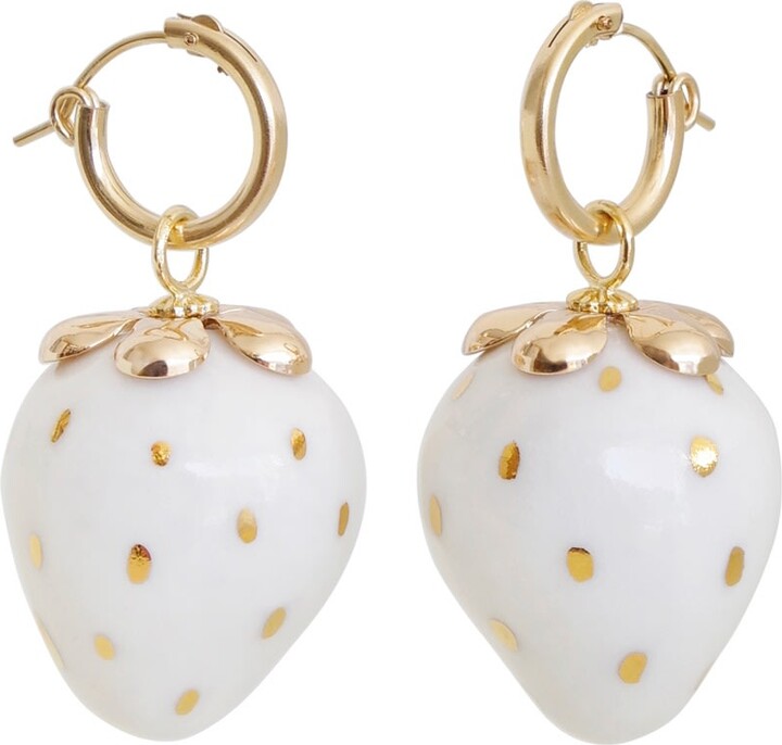 Poporcelain White / Gold Golden White Porcelain Strawberry Earrings