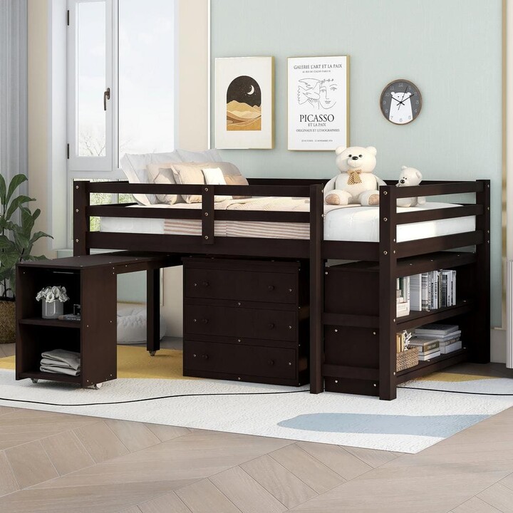 Harper&Bright Designs Espresso Full Size Low Study Loft Bed with Cabinet, Shelves and Rolling Portable Desk