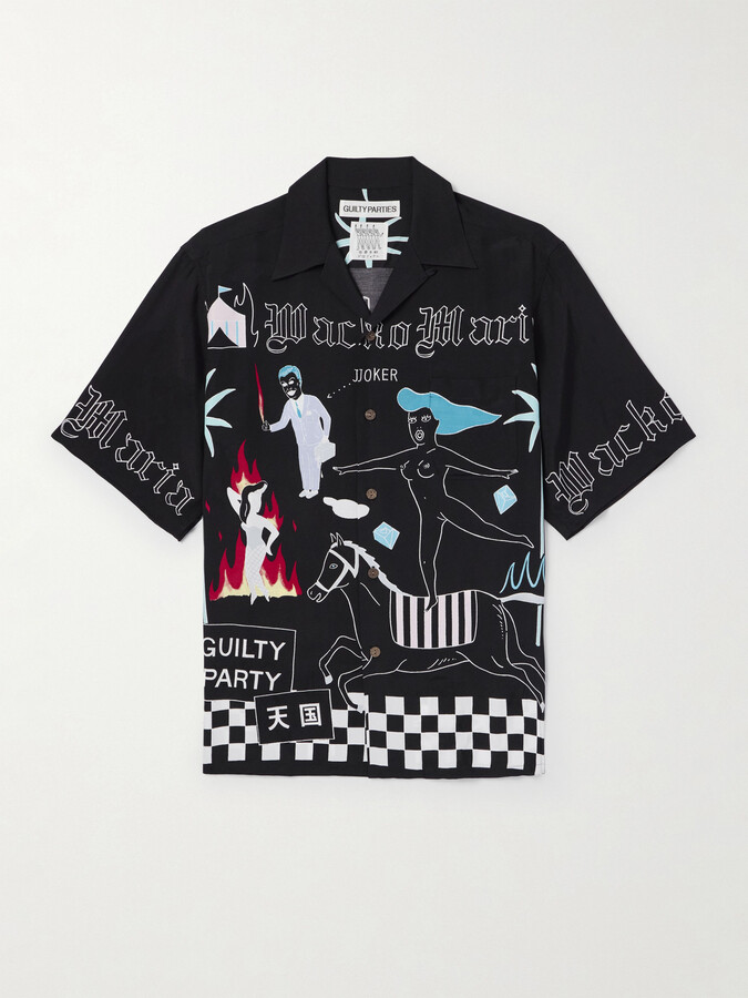 Convertible-Collar Printed Matte-Satin Shirt