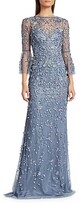 Thumbnail for your product : Theia Flounce-Sleeve 3-D Embroidered Gown