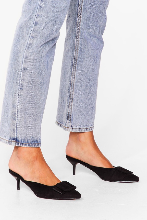 black suede mules heels