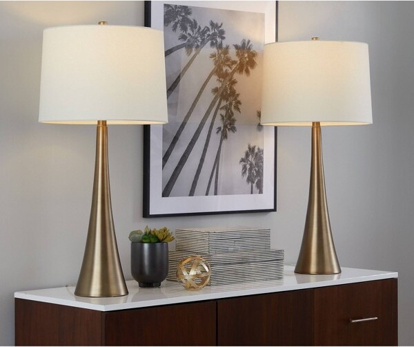 Lumisource Setof2)Diana29\ContemporaryMetalTableLampswithWhiteLinenShade:ULListed,Drum-Shaped