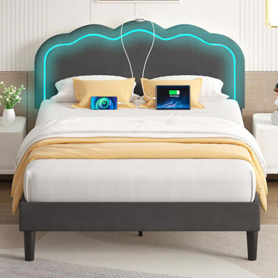 Blooming Upholstered Platform Bed Frame With LED Lights, USB Charging, Adjustable Velvet Headboard, Noise-Free Wooden Slats