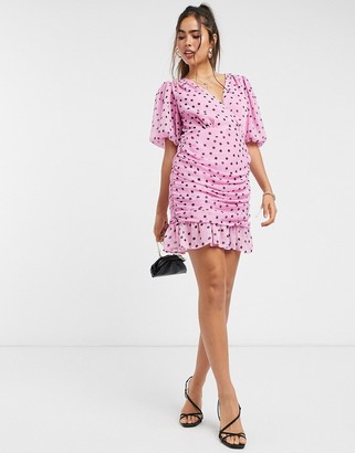 ASOS DESIGN wrap front ruched bodycon mini dress with puff sleeves in polka dot