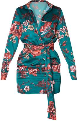 PrettyLittleThing Emerald Green Floral Print Satin Ruched Shirt Dress