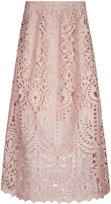 Perseverance London Dusty Pink Guipere Lace Midi Skirt