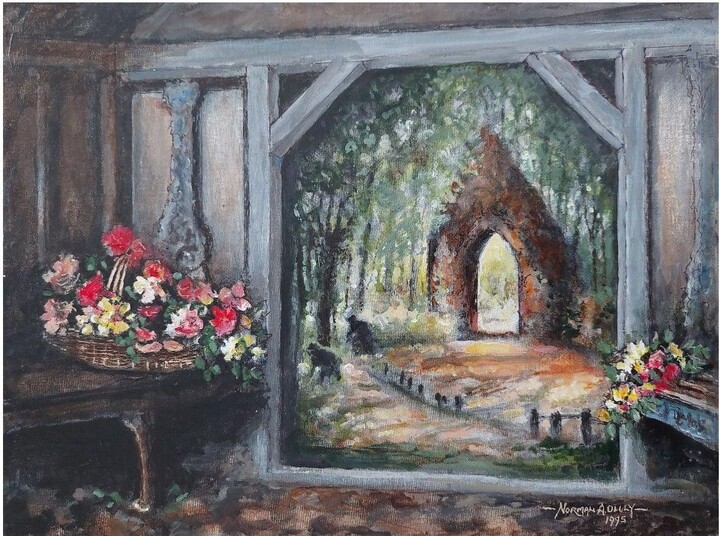 English  School English School, Traditional English Painting A Monastery Garden, England, View from Interior, 20th Century