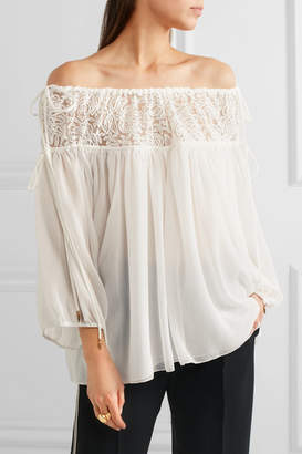 Chloé Off-the-shoulder Embroidered Tulle And Silk-crepon Blouse - Ivory