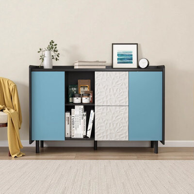 Latitude Run Modern Black Sideboard Buffet Cabinet with Blue Doors - 2 Drawers & 2 Open Storage Compartments Accent Cabinet for Kitchen Dining Room Coffee Bar