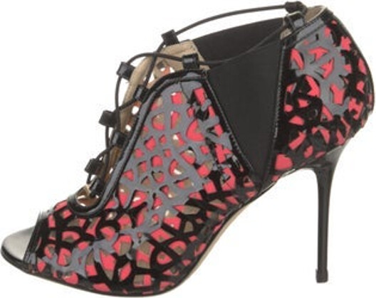 Jimmy Choo Patent Leather Pumps Black Printed Peep-Toes with Mesh Accents Crossover Straps & Lace-Up Closure at Uppers
