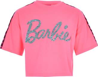 River Island Girls Barbie Pink embellished cropped T-shirt