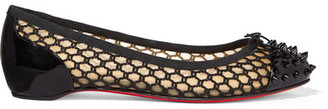 Christian Louboutin Mix Spiked Patent-leather And Embroidered Mesh Point-toe Flats - Black