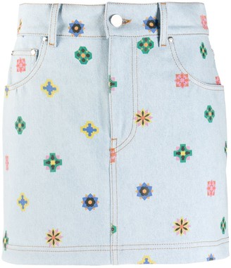 floral print denim skirt