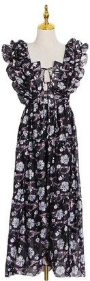 YLDCN Skirts Floral Skirt Square Lace Sleeves Big Chiffon High Waist Dress-Black_L