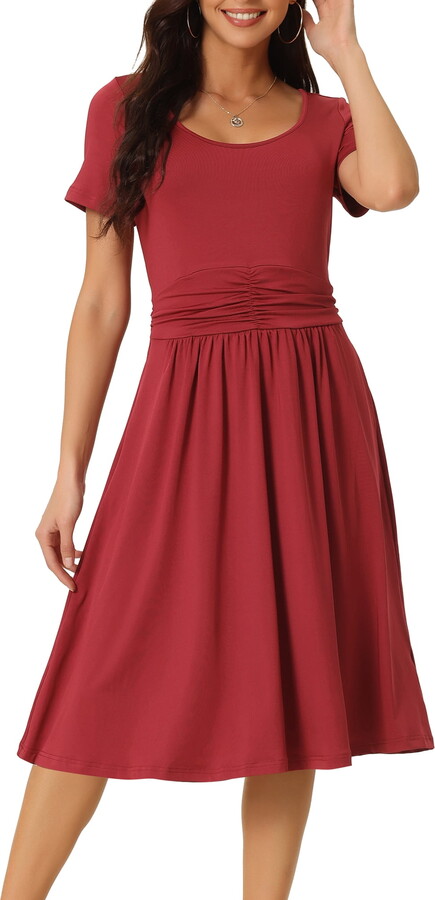Unique Bargains Women’s Knit with Pockets Scoop Neck Short Sleeve Ruched Midi A-Line Dress M Wine Red