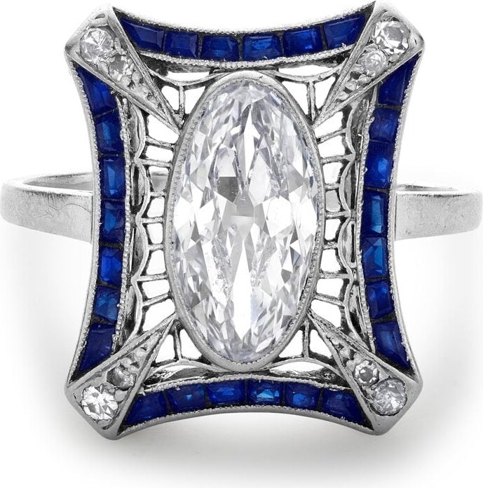 Pragnell Vintage platinum Art Deco marquise diamond and sapphire ring