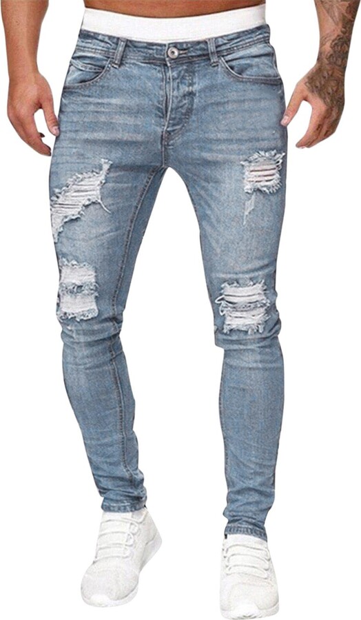 RUIBBWAN Men's Ripped Jeans Slim Fit Jeans Stretch Destroyed Ripped Skinny  Jeans Fashion Holes Hip-pop Skinny Denim Pants (Men's Ripped Jeans-Light  Blue - ShopStyle
