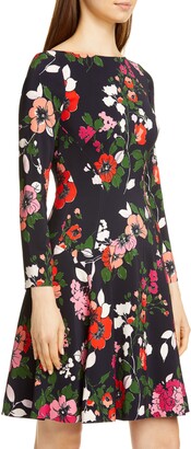 Lela Rose Floral Long Sleeve Wool Blend Dress