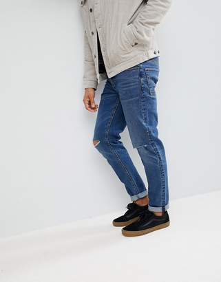 ASOS DESIGN Slim Jeans In Vintage Dark Wash With Knee Rips