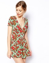 Thumbnail for your product : ASOS Peacock Print Playsuit with Deep V Plunge - Multi