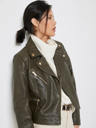 Mint Velvet Khaki Leather Biker Jacket - ShopStyle