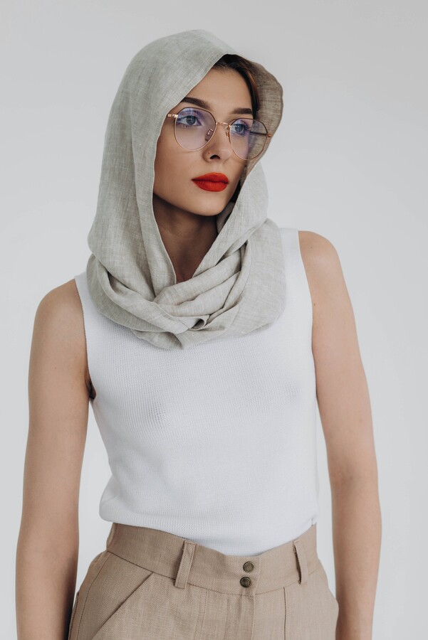 Etsy Linen Hooded Scarf Natural Fabric Round With Hood Circle Womens Cowl