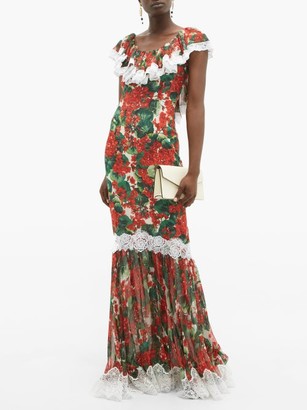 Dolce & Gabbana Geranium-print Lace-trim Silk-blend Gown - Red Multi