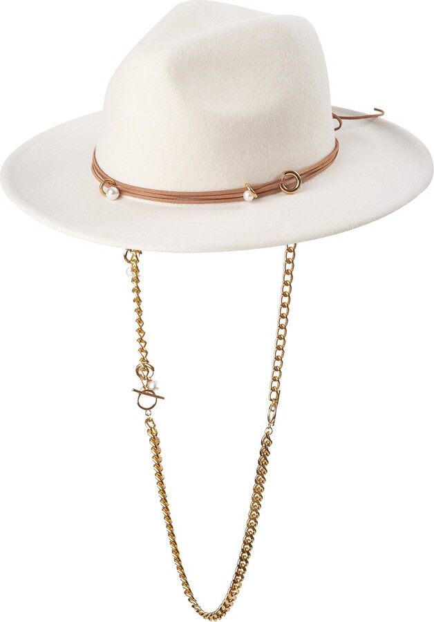 Coocoomos Women's White Fedora Hat With Gold Chain And Pearls ShopStyle