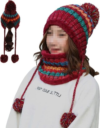ZffXH Fleece Lined Striped Peruvian Knit Hat Laplander Skull Beanie Hats  Ear Flaps Wool Warm Pompoms Red - ShopStyle
