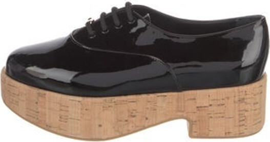 Ferragamo Patent Leather Oxfords Black Semi-Pointed Toes Platform Lace-Up Closure at Uppers Includes Box & Dust Bag