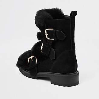 River Island Black faux fur buckle chunky boots
