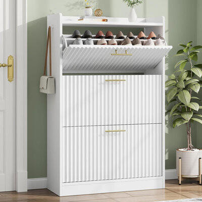 Shoe Cabinet Storage for Entryway Hidden Shoes Storage Cabinet with 3 Flip Drawers, Modern Fluted Shoe Rack Cabinet Large Tall Free Standing Shoe Orga
