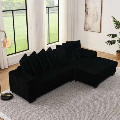 Mercer41 L-shaped Black Corduroy Upholstered With High - Quality Seat Cushions And Convertible Function 3 Seats Long Lasting Sleeper Sectional Comfortable Ba