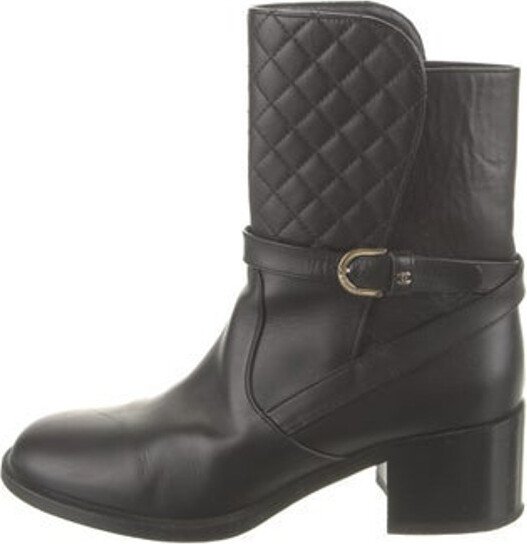 Chanel Black Leather Quilted Moto Boots with Shearling Lining sz 38.5