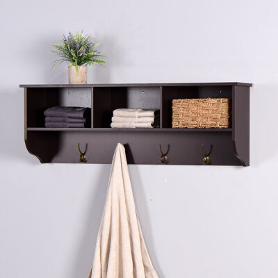 HBCY Creations Rustic Coat Rack Wall Mounted Shelf with Hooks & Baskets, Entryway Organizer Wall Shelf with 5 Coat Hooks and Cubbies, Solid Wooden