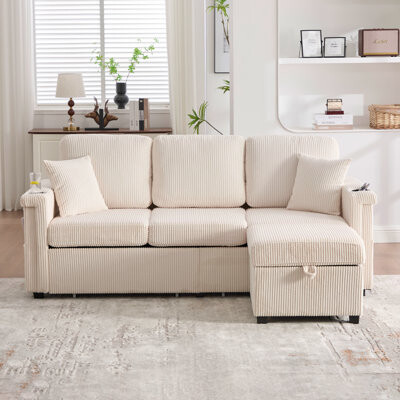 Latitude Run Modern L-Shaped Sectional Sofa With Pull-Out Storage Drawers Corduroy Chaise Lounge With Movable Ottoman -3-Seater