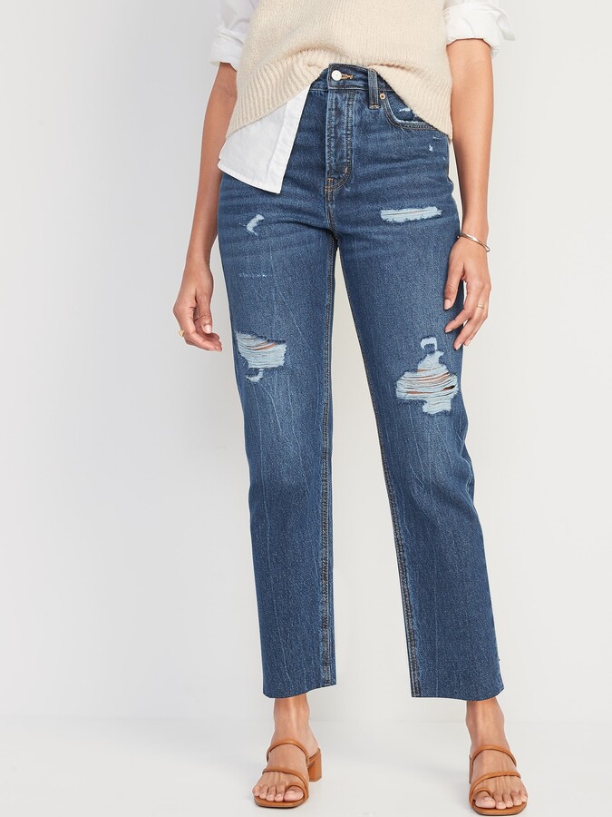 Old Navy Extra High-Waisted Button-Fly Sky-Hi Straight Cut-off Non-Stretch  Jeans for Women - ShopStyle