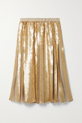 Tibi Eclair Pleated Sequined Silk-crepon Midi Skirt - Gold