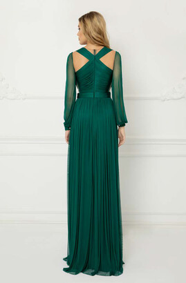 Cristallini Long Sleeve Pleated Tulle Gown