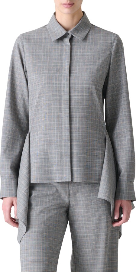 Akris Prince of Wales Plaid Cool Wool Peplum Button-Up Shirt