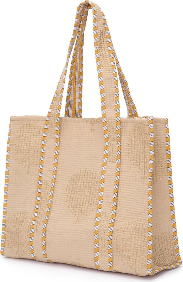 AtLAST Neutrals / Gold Medium Cotton Tote Bag In Latte & Gold