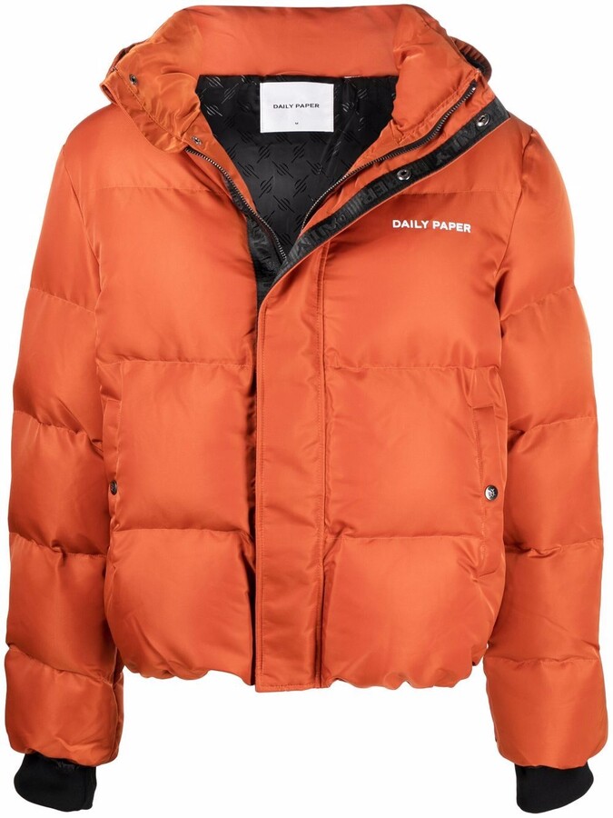 blue and orange puffer jacket