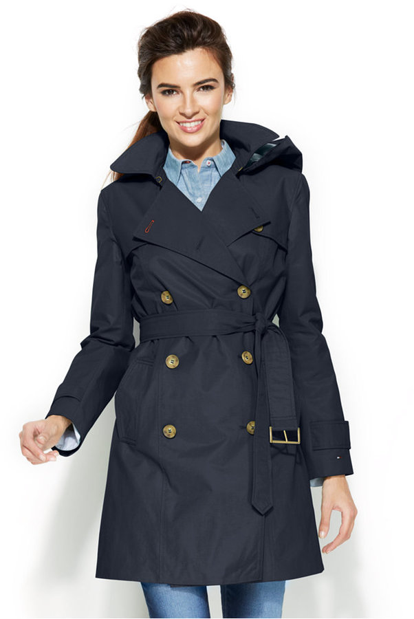 Tommy Hilfiger Hooded Double-Breasted Belted Trench Coat - ShopStyle