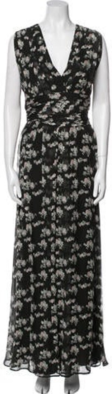 Studio Max Mara Evening Gown Black Floral Print Pleated Accents Sleeveless with V-Neck Concealed Zip Closure at Back Size not listed, estimated from measurements.