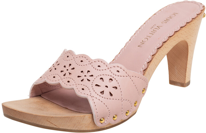 Louis Vuitton Tan Laser Cut Leather Wooden Slide Clog Sandals Size 41 Louis  Vuitton