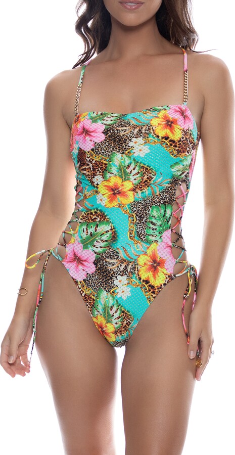 Luli Fama Chain Square Neck Laced Up One Piece