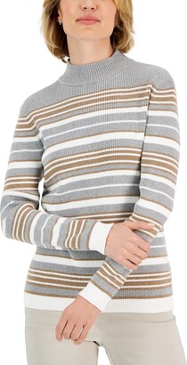 Karen Scott Women's Striped Cotton Mock Neck Sweater, Created for Macy's