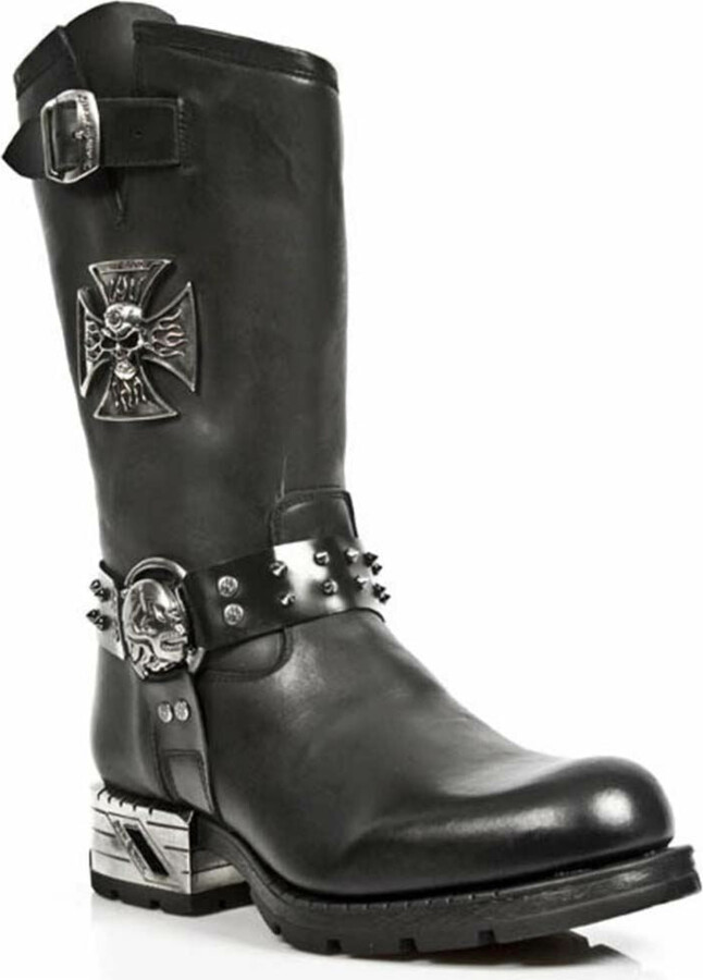 New Rock Men's Black Leather Gothic Cowboy Boots- MR030-S1