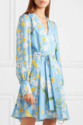 Andrew Gn Belted Floral-print Silk Mini Dress - Blue