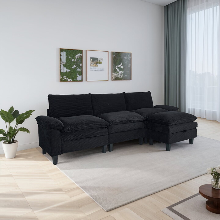 Gewnee 3-seats Corduroy Fabric Modular Sofa with Storage Ottoman L Shape For living Room Apartment Bedroom And Upholstered sectional Couch